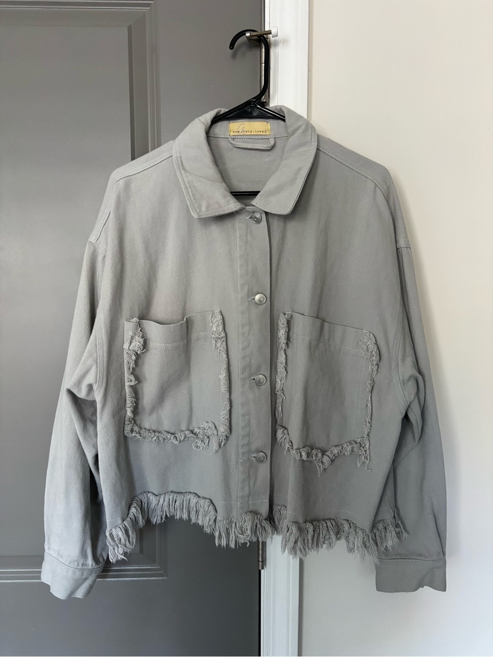 How Very Loved Light Gray Frayed Jacket